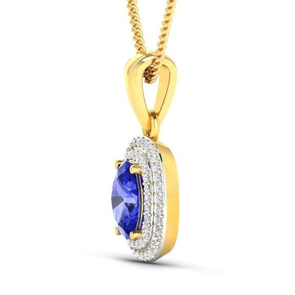 14 Kt Solid Yellow Gold Natural Violet Blue Tanzanite Diamond Pendant