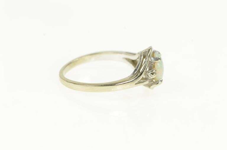 14K White Gold Retro Opal Diamond Accent Vintage Bypass Ring