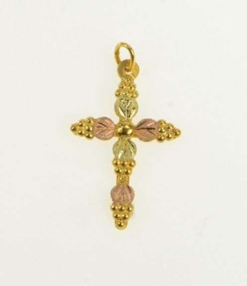 10K Yellow Gold Black Hills Leaf Cross Christian Faith Charm/Pendant