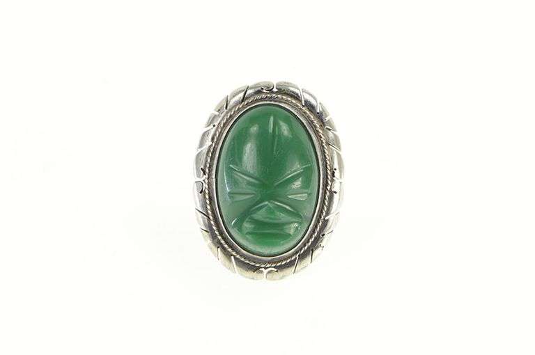 Sterling Silver Green Agate Carved Tribal Mask Statement Ring
