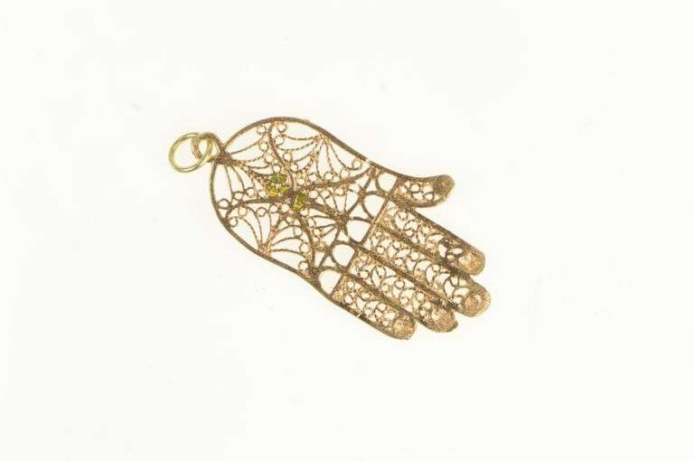 14K Yellow Gold Filigree Hamsa Turquoise Protect Symbol Charm/Pendant