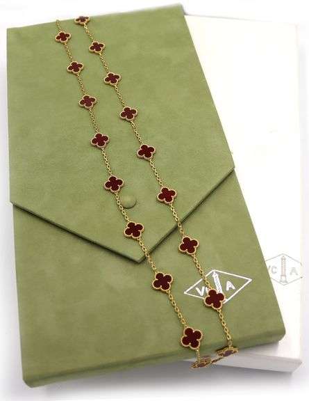 Vintage Van Cleef & Arpels Alhambra 20 Motif Carnelian Station Necklace in 18K W/Box