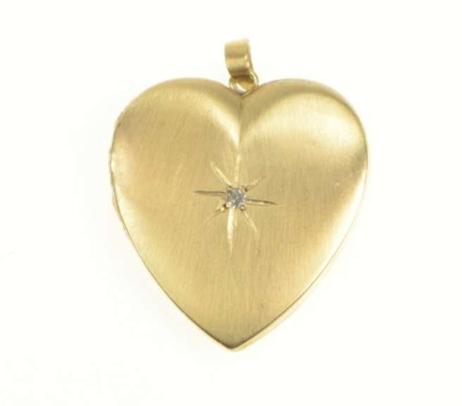 14K Yellow Gold Retro Diamond Inset Classic Heart Locket Pendant