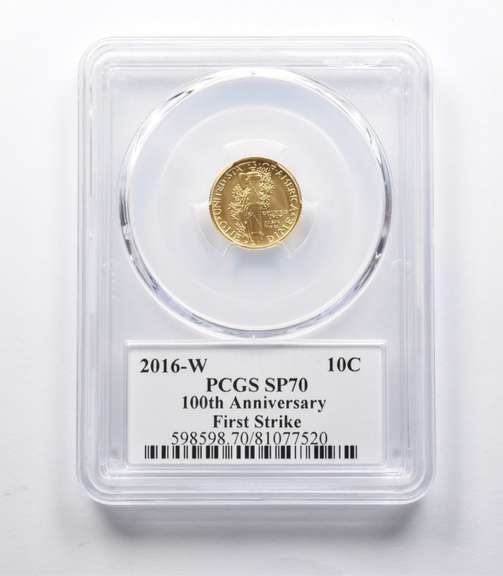 SP70 2016-W Mercury Gold Dime 1/10 Oz 24K Gold 100th Anniv. FS PCGS