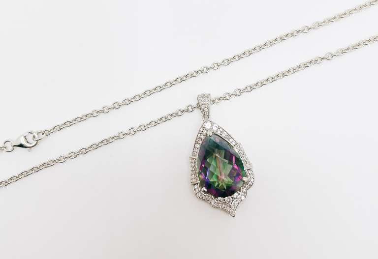 Inspiring 12.0 Carats Pear Shaped Mystic Topaz & CZ in Sterling Sliver Pendant Necklace