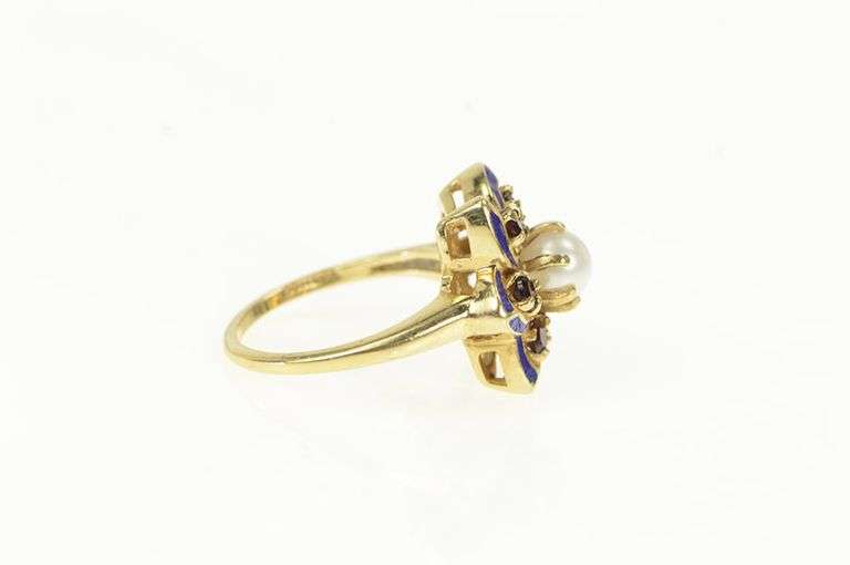 14K Yellow Gold Pearl Garnet Blue Enamel Flower Cocktail Ring