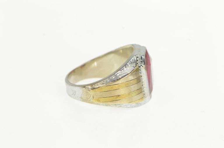 10K White Gold 1930's Two Tone Syn. Ruby Ornate Men's Ring