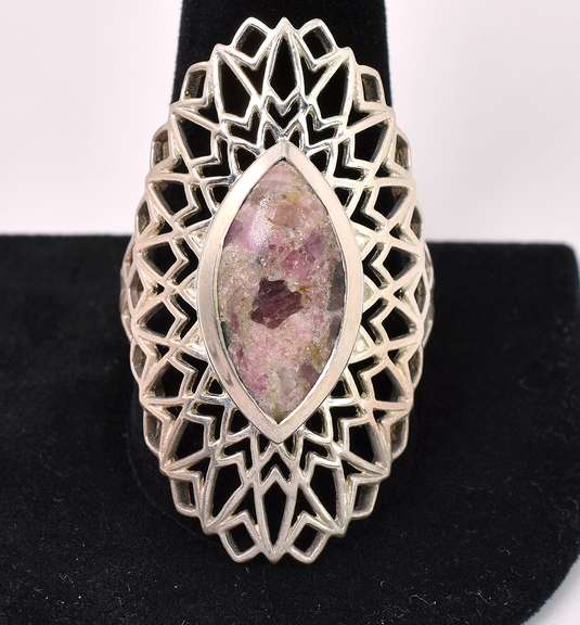 Pink Marble Stone Ring In Sterling Silver
