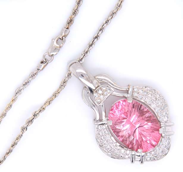 Incredible 18kt Set of Fantasy Cut Pink Topaz and Diamond Pendant on Chain with Matching Earrings