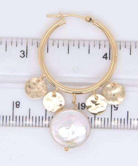 Elegant Yellow Gold Coin Pearl Dangle Earrings
