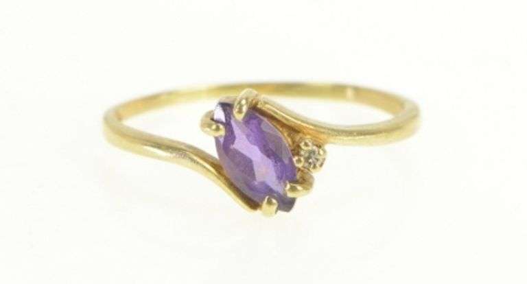 10K Yellow Gold Marquise Amethyst Diamond Accent Bypass Ring