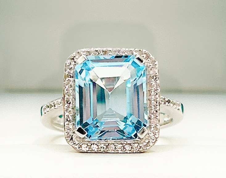 Absolutely Stunning 7.00 Carat Rectangular Blue Topaz & White Topaz Sterling Sliver Ring