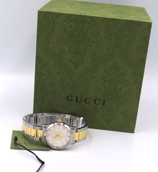 Gucci 27mm G-Timeless Feline Motif Two Tone Bracelet Watch