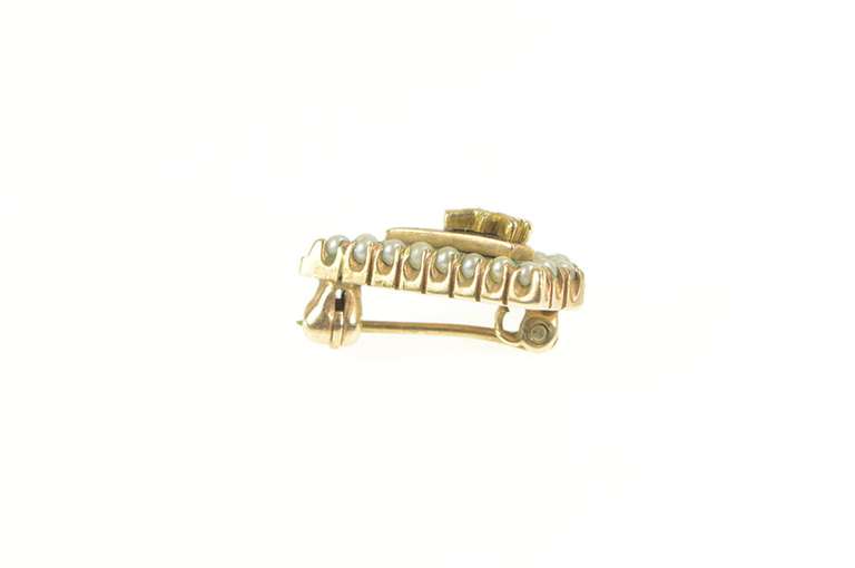10K Yellow Gold Victorian Seed Pearl Stag Enamel Lapel Pin/Brooch