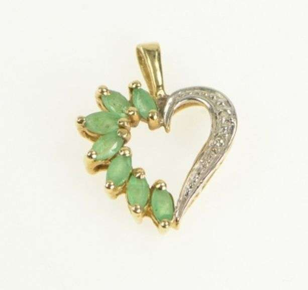 10K Yellow Gold Marquise Natural Emerald Diamond Heart Pendant
