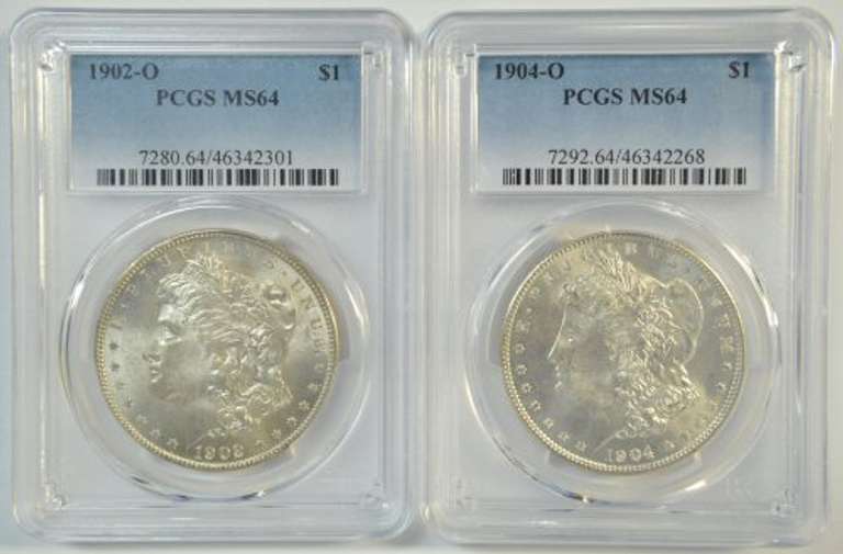 Nice near Gem BU 1902-O & 1904-O Morgan Silver Dollars. PCGS MS64