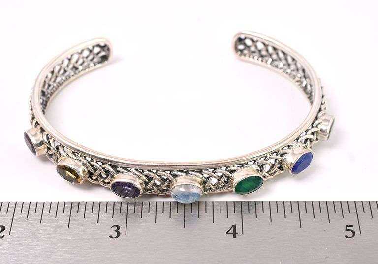 Multi-Gem Cuff Bracelet In Sterling Silver