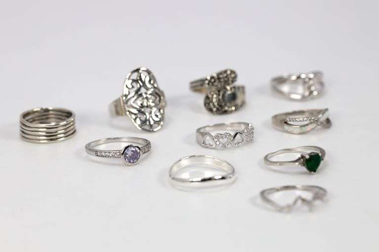 .925 Sterling Silver Curated Ring Lot of 10 Rings Various Sizes & Styles