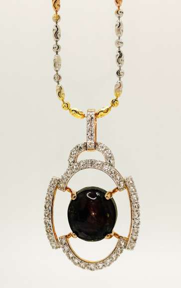Enamoring Large 12.00CTS Cabochon-Cut Star Ruby 1.50CTW White Sapphire Pendant Necklace in Gold plated Sterling Sliver