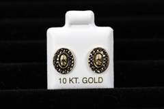 10k Yellow Gold White Round Halo Virgin Mary Stud Screw Back Earrings