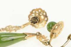 18K Yellow Gold Nephrite Tear Drop Dangle Retro Screw Back Earrings
