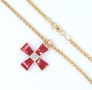 Handsome Yellow Gold Synthetic Ruby and Diamond Cross Pendant on Chain Necklace