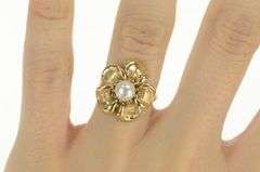 14K Yellow Gold Vintage Pearl Hibiscus Flower Statement Ring