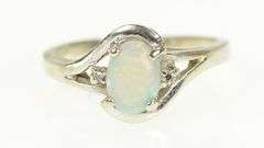 14K White Gold Retro Opal Diamond Accent Vintage Bypass Ring