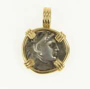 14K Yellow Gold 336-313 BC Greek Drachm Zeus Seated Eagle Coin Pendant