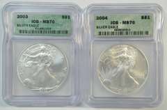 Flawless Better Dates 2003 & 2004 $1 Silver Eagles. ICG MS70