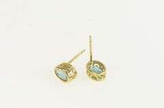 14K Yellow Gold Oval Blue Topaz Solitaire Vintage Stud Earrings