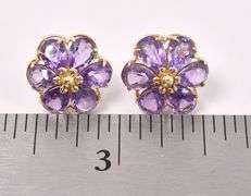 Beautiful Purple Amethyst Flower Stud Earrings In 14K Yellow Gold