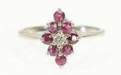 14K White Gold 1950's Diamond Ruby Halo Squared Cluster Ring