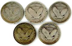 Five Different Silver Standing Liberty Quarters: 1926 to 1930-S