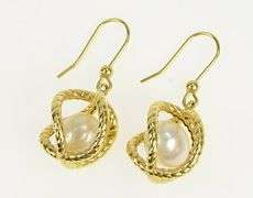 14K Yellow Gold Pearl Twist Cage Dangle Vintage Hook Back Earrings