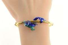 14K Yellow Gold 1930's Diamond Blue Enamel Fish Bangle Bracelet