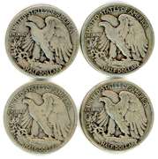 Four Different Walking Liberty Silver Half Dollars: 1941-1944