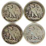 Four Different Walking Liberty Silver Half Dollars: 1941-1945