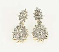 14K Yellow Gold Diamond Tear Drop Pear Cluster Vintage Earrings