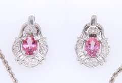 Incredible 18kt Set of Fantasy Cut Pink Topaz and Diamond Pendant on Chain with Matching Earrings