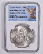 Mint Error MS66 1979 Mo Mexico Silver 100 Pesos REV Lamination NGC