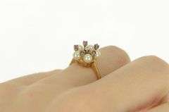 14K Yellow Gold Ruby Diamond Pearl Flower Cluster Statement Ring