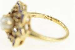 14K Yellow Gold Pearl Garnet Blue Enamel Flower Cocktail Ring