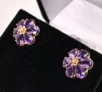 Beautiful Purple Amethyst Flower Stud Earrings In 14K Yellow Gold