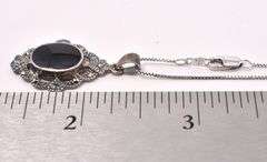 Black Onyx And Marcasite Pendant Necklace In Sterling Silver