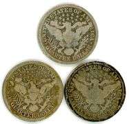 Three Different Barber Silver Quarters: 1894, 1898-O, and 1901