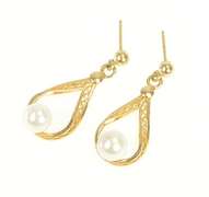 14K Yellow Gold Pearl Vintage Filigree Dangle Tear Drop Earrings