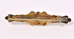 Unique Rhodolite Garnet And Pearl Pin In Yellow Gold