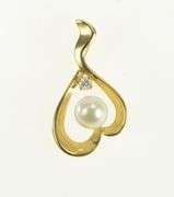 14K Yellow Gold Pearl Diamond Accent Curvy Heart Love Pendant