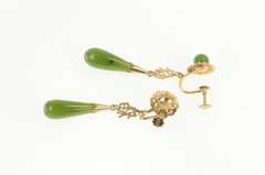 18K Yellow Gold Nephrite Tear Drop Dangle Retro Screw Back Earrings
